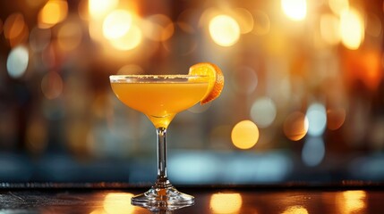 Elegant cocktail with orange garnish on a bar counter in a dimly lit atmosphere, perfect for nightlife and celebration themes.