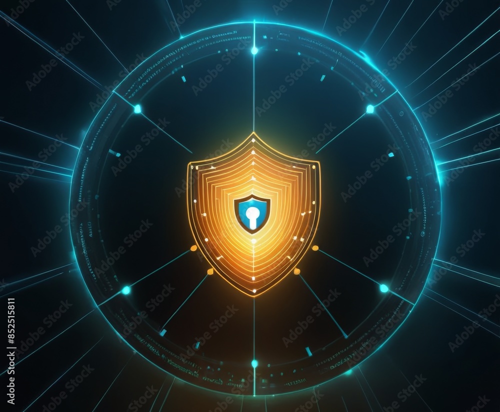 Poster a glowing digital shield symbolizing cybersecurity and data protection. the image uses bright colors