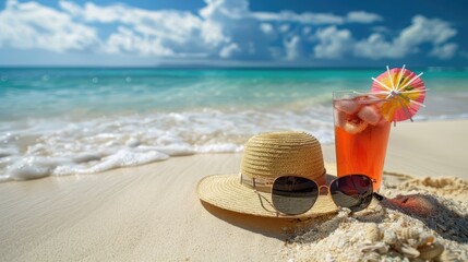 Summer background with a straw hat, sunglasses and cocktail on the background of sea waves and the beach. A creative concept of minimalism for vacations, summer vacations.