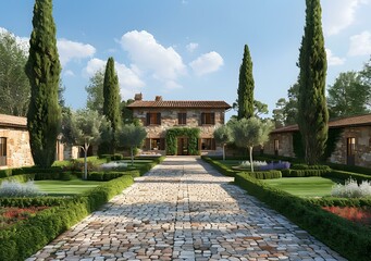 Stone Villa with Cypress Trees and Landscaped Gardens