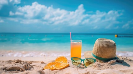Summer background with a straw hat, sunglasses and cocktail on the background of sea waves and the beach. A creative concept of minimalism for vacations, summer vacations.