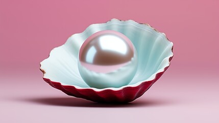 Naklejka premium Elegant Iridescent Pearl Resting in a Red and White Shell Against a Pink Background
