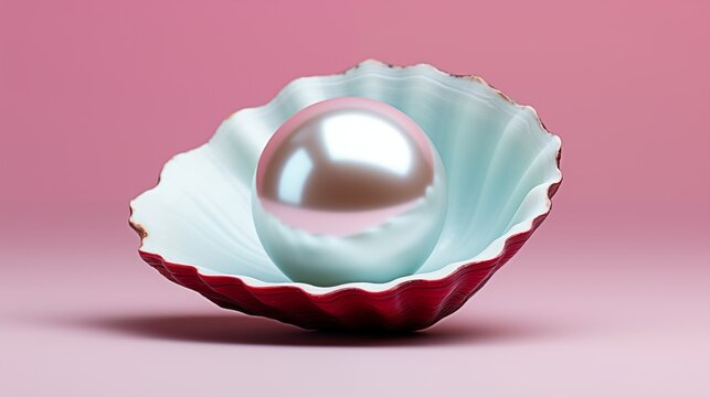 Elegant Iridescent Pearl Resting in a Red and White Shell Against a Pink Background