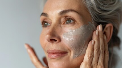 Closeup of a mature woman applying a therapeutic clay mask
