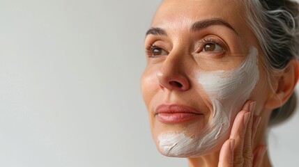 Closeup of a mature woman applying a therapeutic clay mask