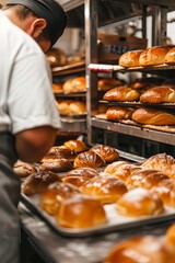 baker in bakery kitchen with baking sheets with buns. food, business, bakery and work. through the shelf with buns. 