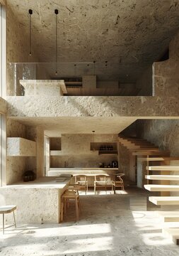 A house interior made of rammed earth