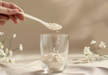 Close up of hand pouring white powder into a glass of clear water 