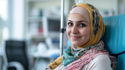 Confident woman in a colorful hijab smiling in a modern medical setting. Portrait style photo shows positivity in a healthcare environment. This image is useful for websites, blogs,