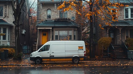 Obraz premium Dry Cleaning Delivery Van Parked Outside Modern Residential Area on a Fall Day
