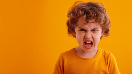 little boy curly hair angry expression yellow background screaming