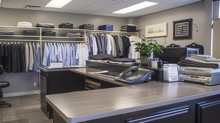 Clean and Organized Dry Cleaning Shop Interior With Garment Racks and Counter Space for Efficient Workflow