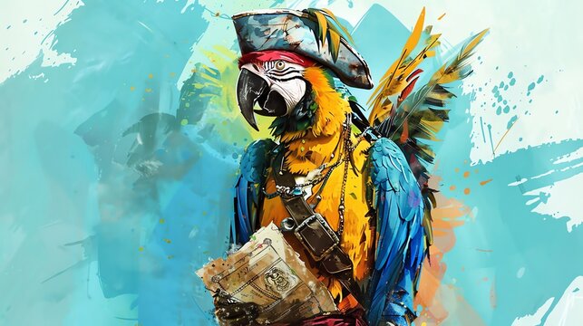 A parrot wearing a pirate hat and holding a treasure map, painted in a colorful style.