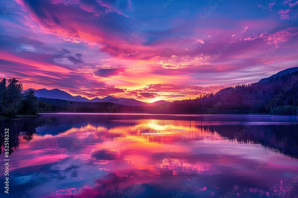 Wall mural a breathtaking panoramic sunset over a still lake with mountain reflections in the water - Wall murals