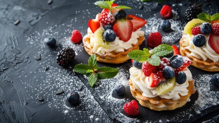 Homemade fruit pastry with cream and sugar on dark background