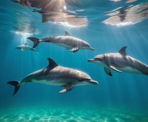 Fototapeta premium Stunning underwater shot of dolphins gracefully swimming in the clear blue ocean, showcasing their fluid movements and serene environment. Ideal for marine and wildlife themes.. AI Generation