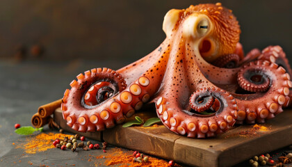 Fototapeta premium succulent octopus tentacles on a wooden board with herbs and spices, on a rustic kitchen table background