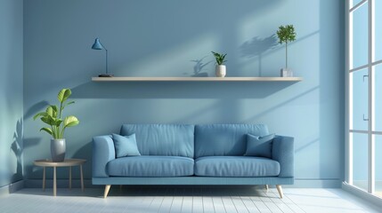 Blue sofa and shelf on blue wall. Scandinavian interior design of modern living room. Minimalist interior