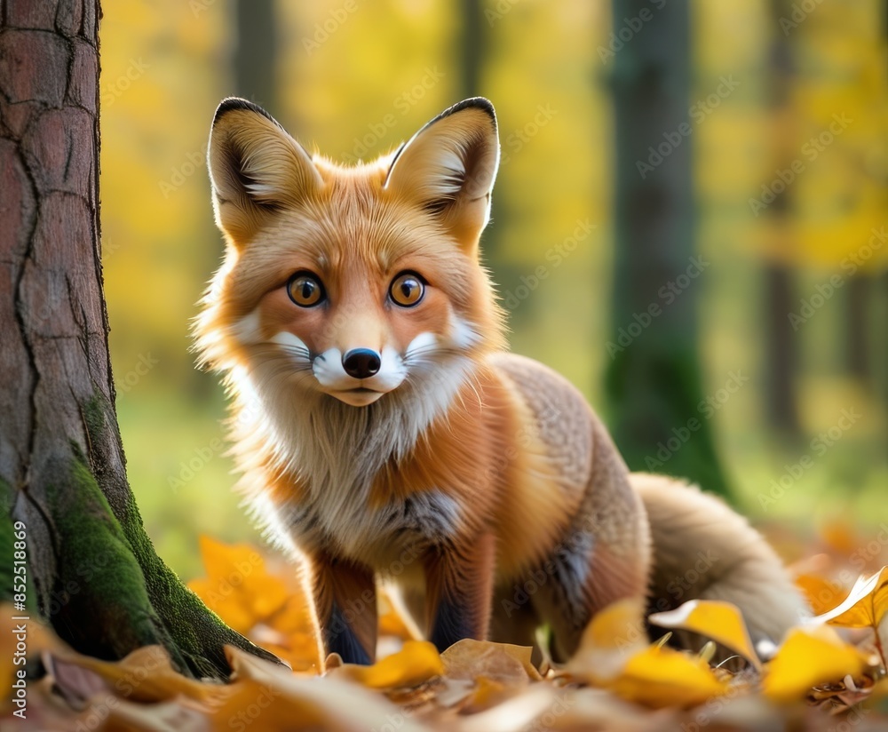 Poster a curious red fox standing on a forest floor covered with autumn leaves, with soft sunlight filterin