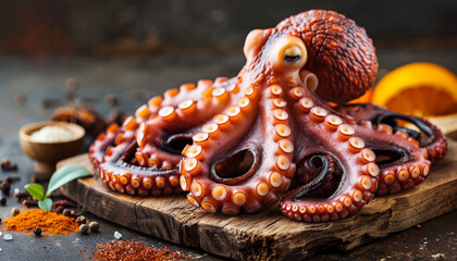 succulent octopus tentacles on a wooden board with herbs and spices, on a rustic kitchen table background