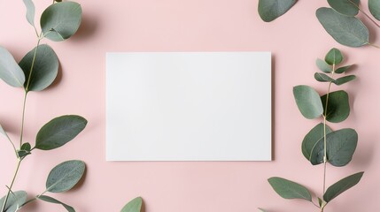 Naklejka premium 3D flat lay of a blank white stationery card, eucalyptus leaves artistically arranged around, top view, clean and natural aesthetic