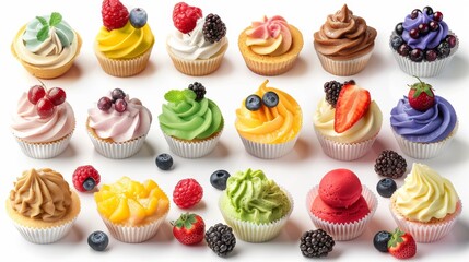 A delightful assortment of colorful cupcakes topped with various fruit and cream decorations, perfect for any celebration