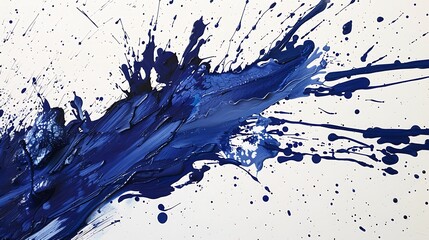 Indigo blue paint splashes onto a pristine white canvas, creating a captivating and dynamic...