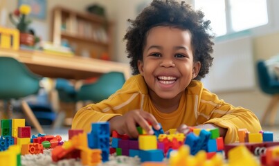 happy african american boy playing colorful blocks nursery room