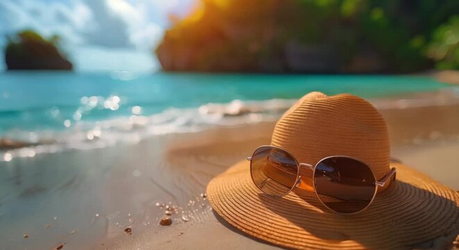 A beach hat and sunglasses on the sand, blurred tropical paradise