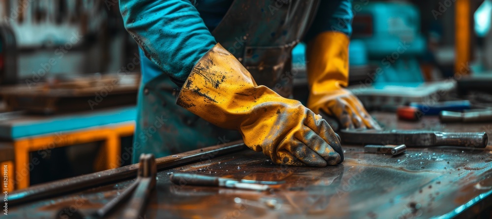 Poster protective gloves ensuring safety and precision in a workshop setting - ideal for industrial use