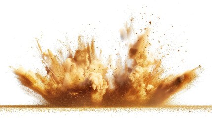 A dramatic image capturing the explosive burst of golden dust particles against a white background