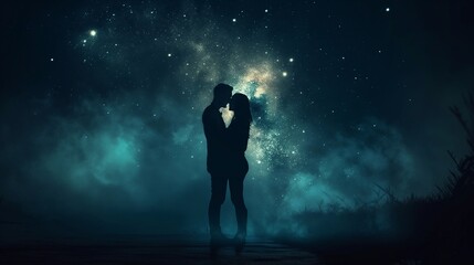A couple embracing under a starry night sky, with soft light illuminating their faces