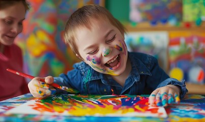 child special needs joyfully painting canvas colorful paint indoor art class