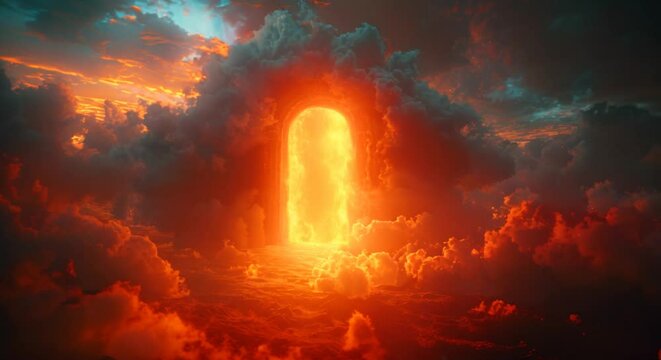 A glowing orange object in the sky surrounded by clouds The pictures are dreamlike and surreal. The orange object appears to be a portal to another world.