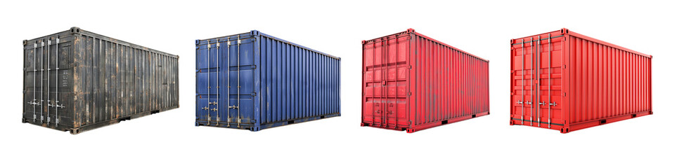 Fototapeta premium Four Colorful Shipping Containers Isolated on Black Background - Red, Blue, and Black Cargo Containers
