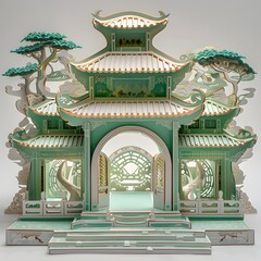 Obraz premium This paper sculpture diorama depicts an ancient Chinese house in color is metallic emerald, platinum, copper