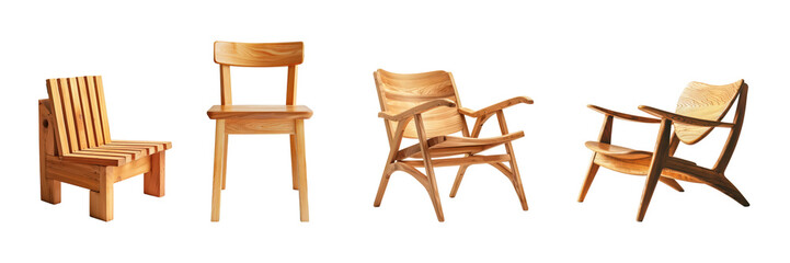 Set of Four Modern Wooden Chairs with Unique Designs and Natural Finish for Home or Office Decor