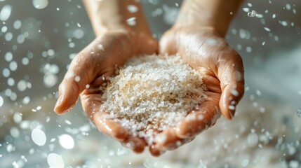 Fototapeta premium Gentle Hand Exfoliation with Scrub in Serene Bathroom Setting - Perfect for Spa Promotions and Wellness Ads