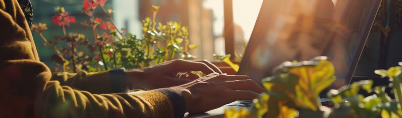 Man Working on Laptop on a Balcony with Urban Greenery Smart working at home