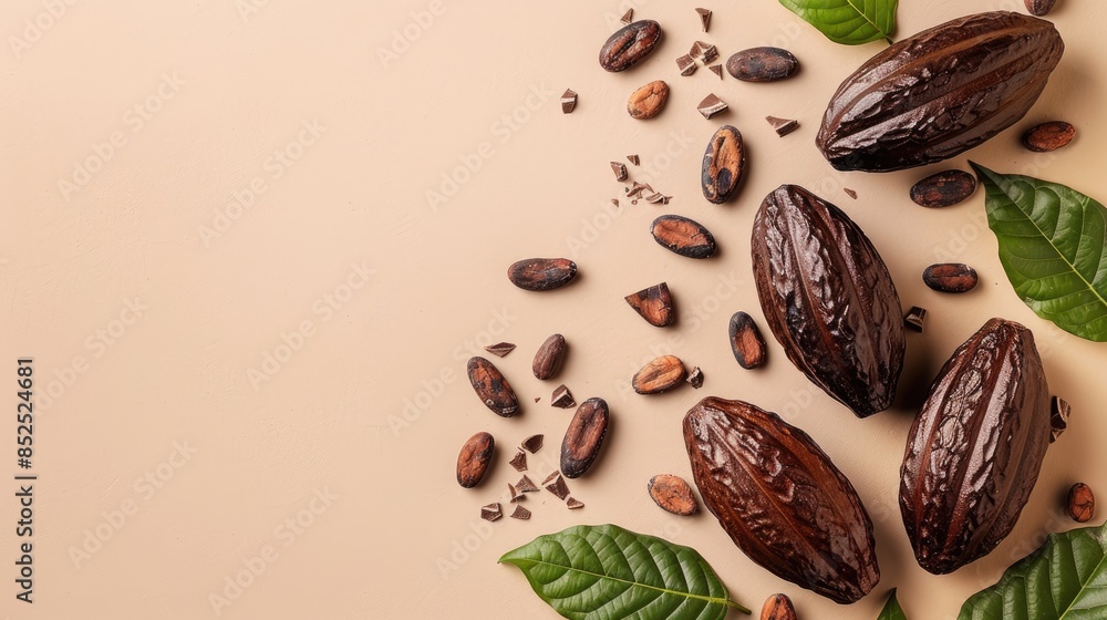 Poster cocoa pods and chocolate flat lay on beige background with text space