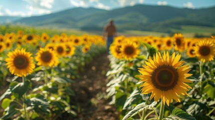 Fototapeta premium Sunflower field with vibrant yellow blooms under a clear sky