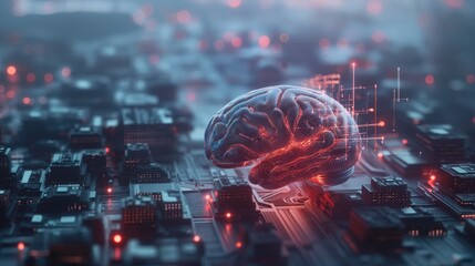 Obraz premium Artificial intelligence technology concept with digital glowing human brain connected to an electronic board. AI concept.