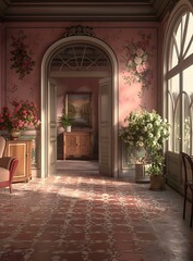 Fototapeta premium Elegant Interior with Floral Wallpaper