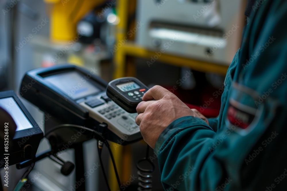 Poster mechanic diagnosing vehicle issues with handheld scanner in a modern garage setting