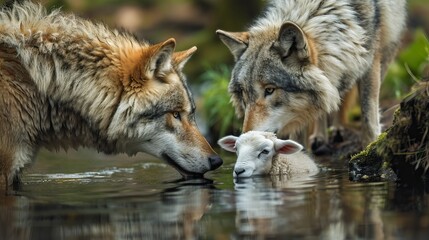 Fototapeta premium Wolves drinking water with sheep