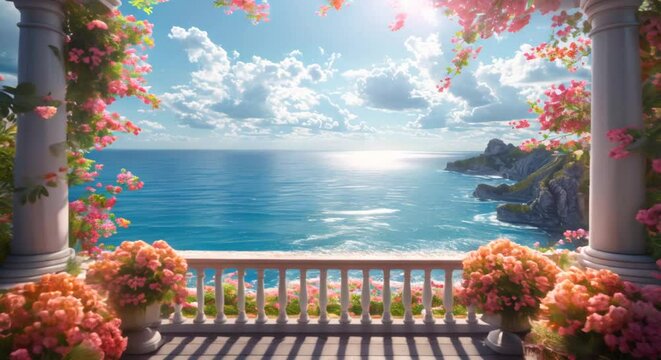 Seaside garden with blooming flowers and ocean breeze, panoramic view with bottom