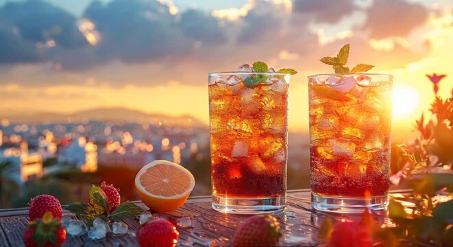 Chilled beverages on a summer terrace overlooking a cityscape