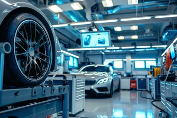 Modern Car Diagnostic Center with Advanced Equipment and Skilled Technicians Analyzing Vehicle Performance