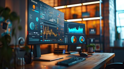 Fototapeta premium Modern workspace with computer screens displaying analytics