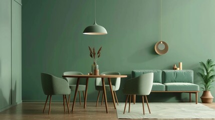 Mint color chairs at round wooden dining table in room with sofa and cabinet near green wall. Scandinavian, mid-century home interior design of modern living room.